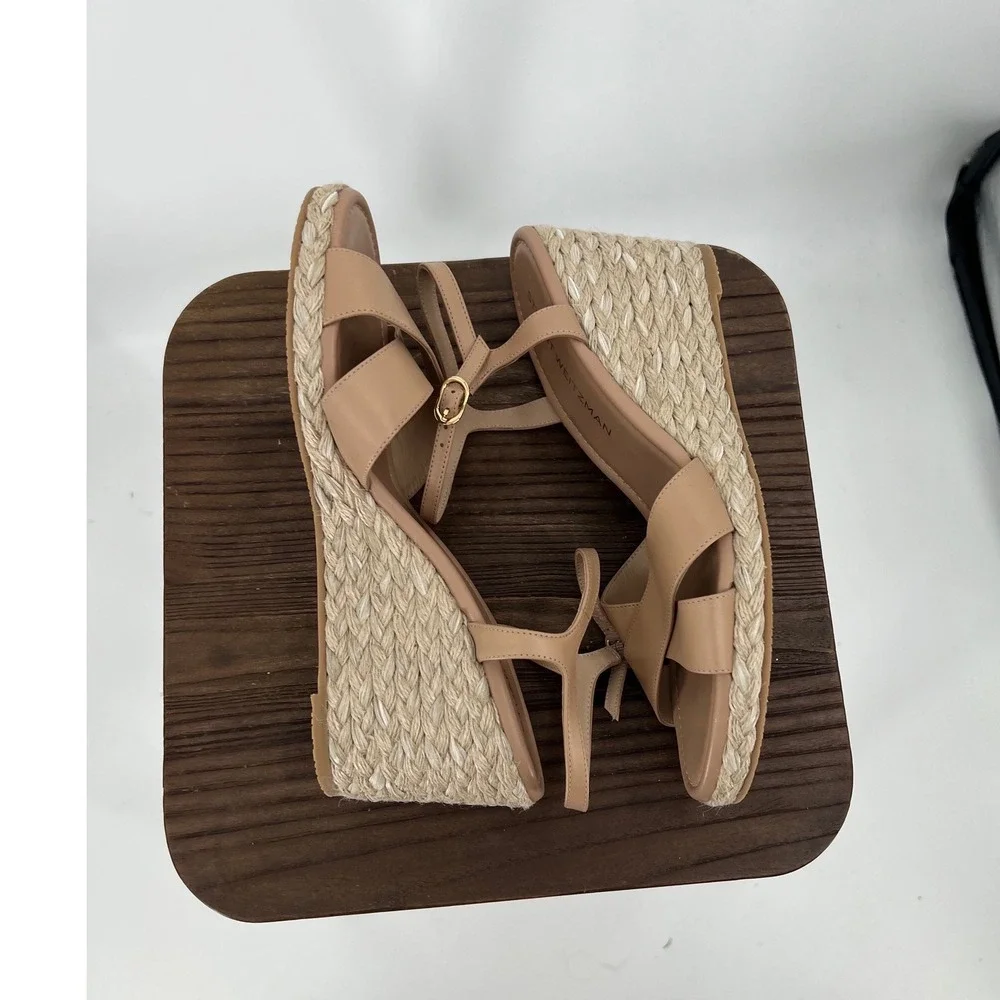 Stuart Weitzman Tan Leather Espadrille Wedge Sandals Size 10.5 Made in Spain NWT